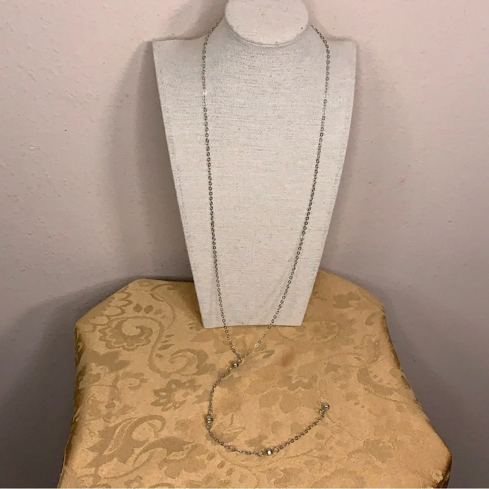 Silver Rhinestone Accent Lariat Style Necklace Glam Gift Pullover 29” Length